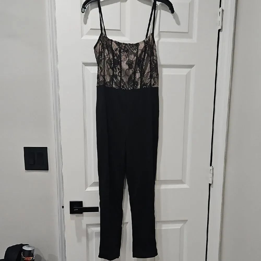 Lace-Trim Black Jumpsuit with Nude Lining